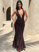 Women’s Dress Elegant Maxi Deep V Neck Backless Sleeveless Draped Ruched