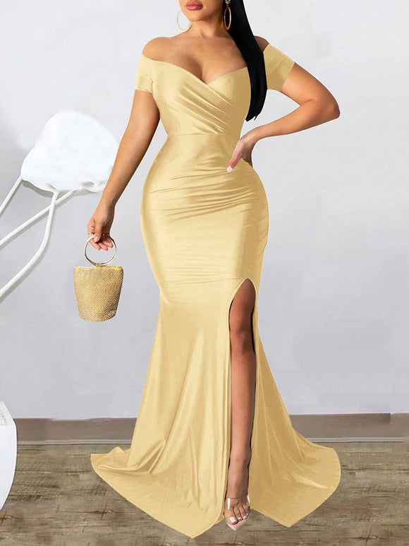 Women's Sexy Long Dress High Slit Evening with Sleeves Elegant Mermaid