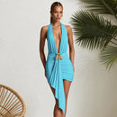 Women's Sexy Mini Dress Deep V Neck Backless Elegant Ruched Draped