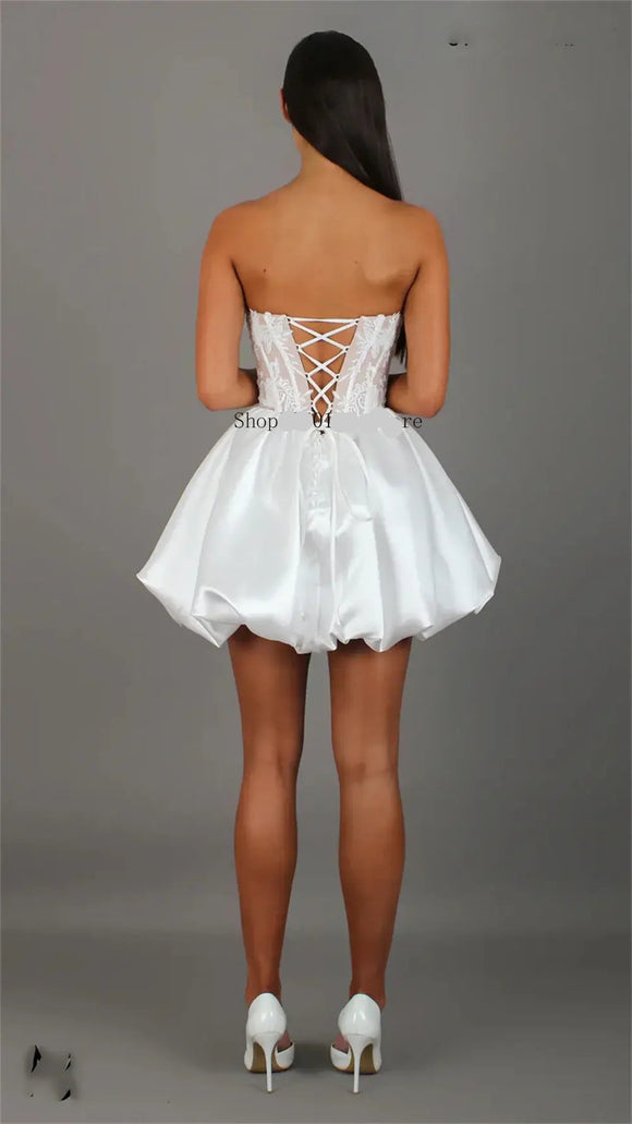 Luna Custom Made Short Mini Wedding Dress with Sweetheart Neckline & Lace Appliqué