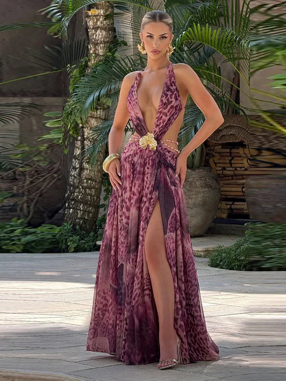 Indianna Women's Sexy Maxi Dress Halter Backless Elegant Slit Side