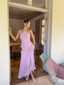 Women’s Maxi Dress Elegant Halter Neck Off Shoulder Backless Split Ruched