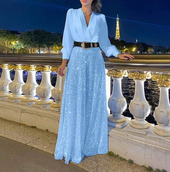 Women’s Jumpsuit Elegant Sequins Slim High Waist Belted Party Romper