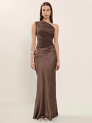Women's Sexy Maxi Dress Elegant Satin One Shoulder Backless Bodycon
