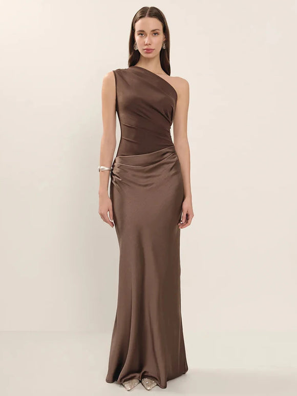 Women's Sexy Maxi Dress Elegant Satin One Shoulder Backless Bodycon