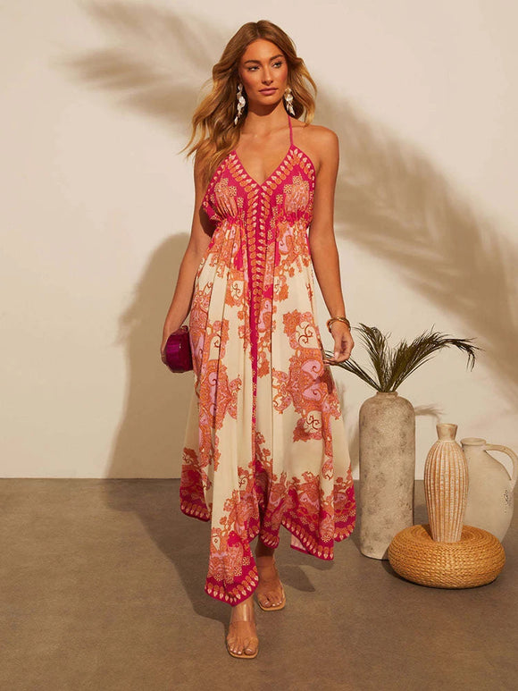 Bohemian Floral Sexy Maxi Dress for Women Elegant Strap Halter V Neck