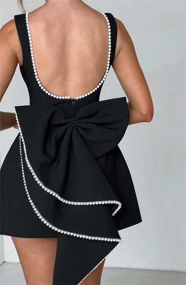 Women's Sexy Mini Dress Big Bows Beads Elegant Backless Sleeveless