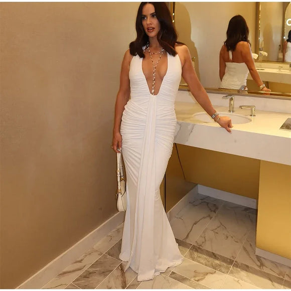 Robe longue sexy pour femme élégante décolleté en V profond froncée dos nu