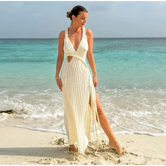 Women's Sexy Long Knit Dress Sleeveless Backless Elegant Side Slit