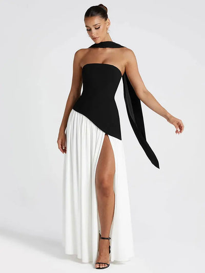 Buy black-and-white Women's Sexy Maxi Dress Elegant Strapless Backless High Slit Evening Gown