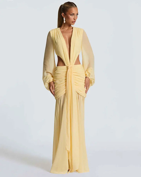 Robe Maxi Élégante Pour Femme Manches Longues Col V Profond Dos Nu.