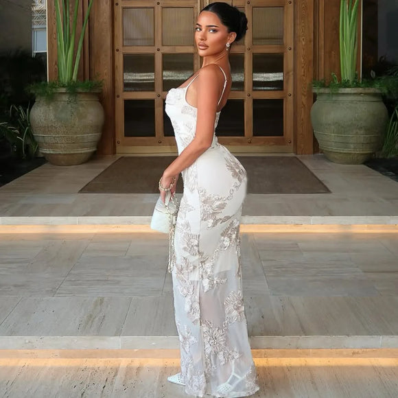 Elegant Long Dress for Women Straps Mesh Embroidered Flowers Evening