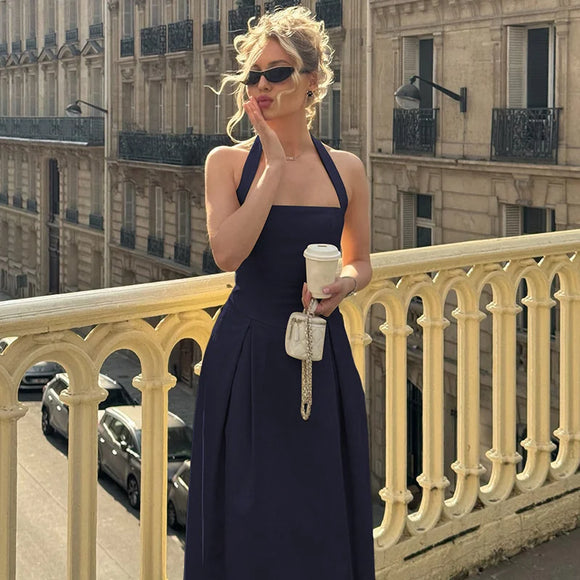 Vestido midi sexy cuello halter espalda descubierta liso sin mangas corte A