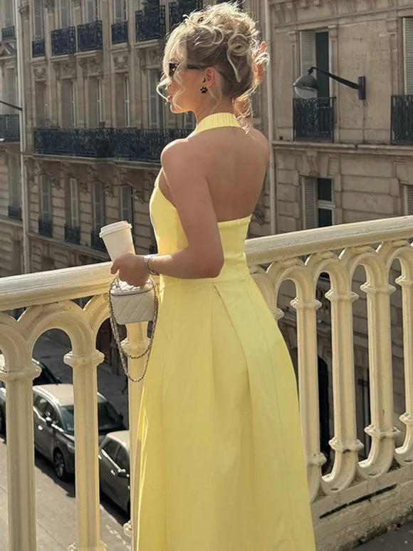 Women's Sexy Midi Dress Halter Backless Solid Sleeveless A-Line
