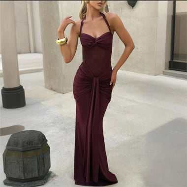Women’s Sexy Maxi Dress Halter Neck Backless Bodycon Ruched