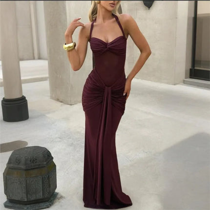 Women’s Sexy Maxi Dress Halter Neck Backless Bodycon Ruched