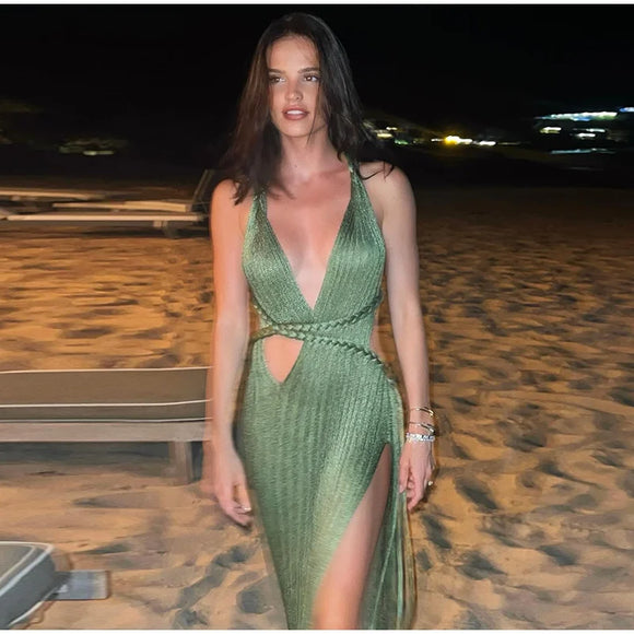 Women's Sexy Long Knit Dress Sleeveless Backless Elegant Side Slit