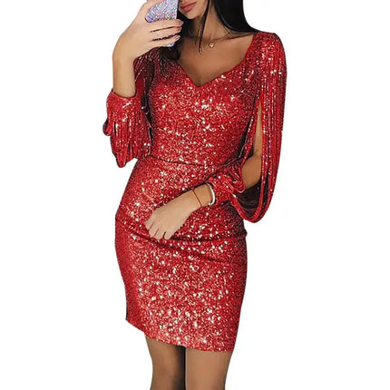 Women's Sexy Mini Dress Silver Sequin V Neck Long Sleeve Slim Fit