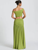 Women's Sexy Dress Set Backless Slanted Neck Crop Top and Slit Skirt