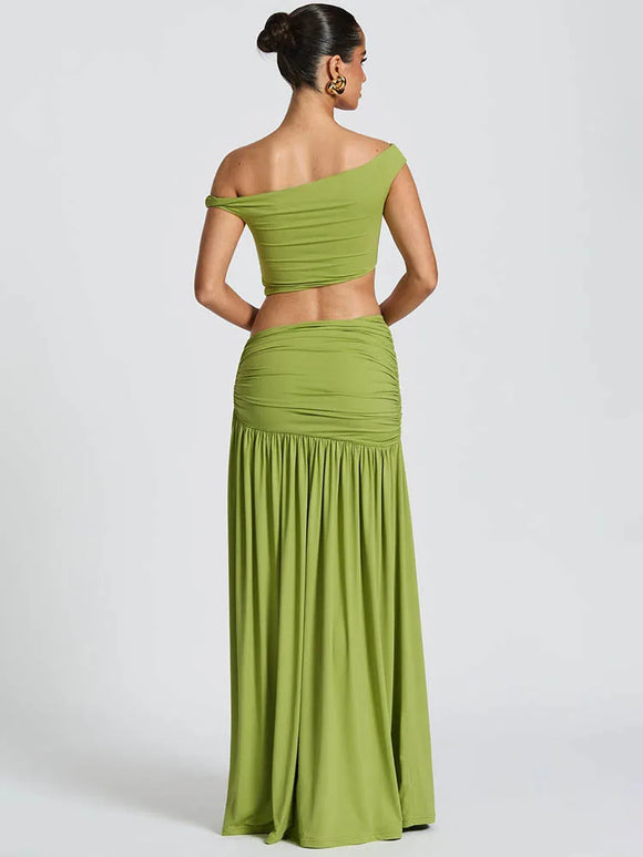 Women's Sexy Dress Set Backless Slanted Neck Crop Top and Slit Skirt