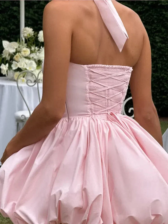 Women's Sexy Mini Dress Pleated Halter Lace Up Backless Puffed Skirt