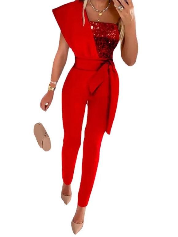 Women’s Jumpsuit Wedding Guest Elegant Sequins One Shoulder Bodycon