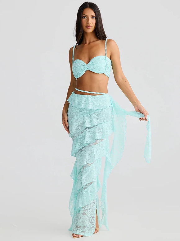 Conjunto sexy dos piezas para mujer top corto de encaje falda larga y elegante