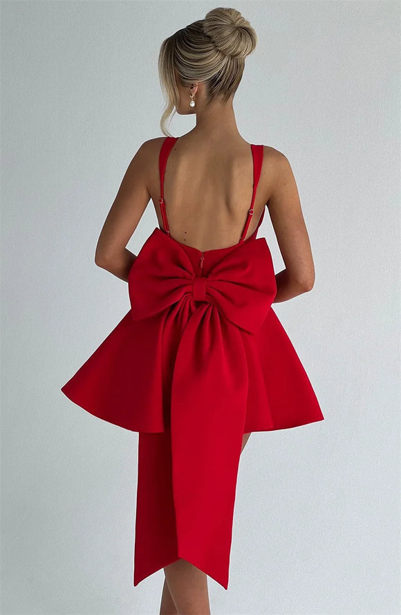 Women's Sexy Mini Dress Elegant Backless Bow Spaghetti Strap