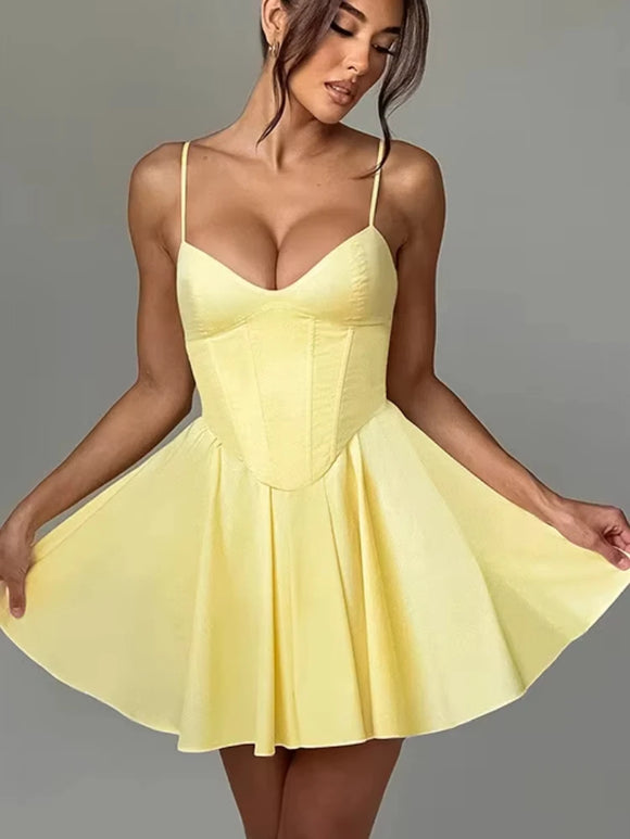 Women's Sexy Mini Dress Elegant Corset Strap Pleated Bodycon