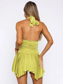 Women's Sexy Mini Dress Elegant Backless V Neck Ruched Pleated