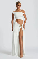 Women's Sexy Dress Set Backless Slanted Neck Crop Top and Slit Skirt