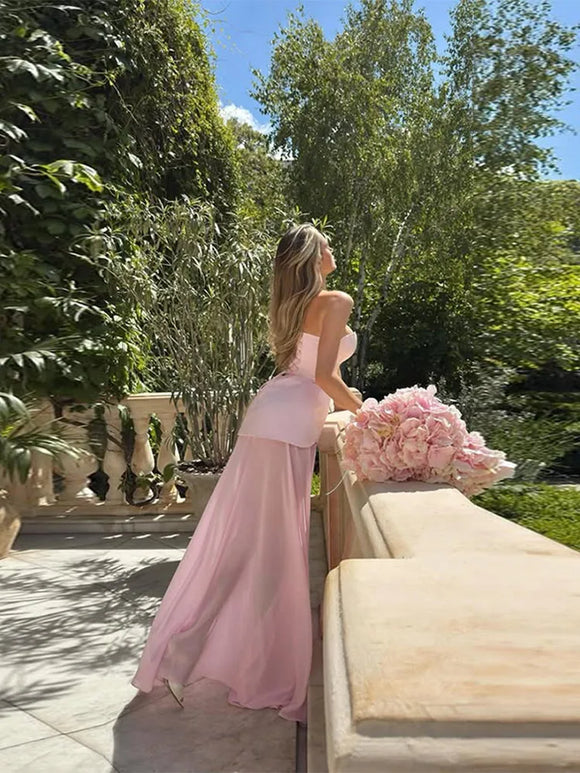 Elegant Set For women Long Skirt Side Slit Corset Top Lace Hem