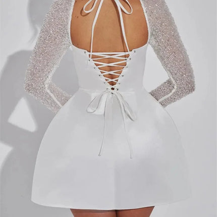 Women's Mini Dress Chic Elegant Sequin Long Sleeve Backless - 0