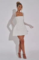 Women's Sexy Mini Dress Sequined Long Sleeve Backless Lace Up A-Line