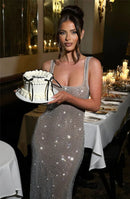 Women's Sexy Long Dress Backless Sequin Sleeveless Elegant Gown