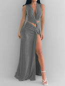 Women's Sexy Dress Deep V Neck Elegant Openwork Slit Sleeveless