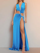 Women's Sexy Dress Deep V Neck Elegant Openwork Slit Sleeveless