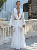 Robe Maxi Élégante Pour Femme Manches Longues Col V Profond Dos Nu.-19