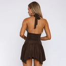 Women's Sexy Mini Dress Elegant Backless V Neck Ruched Pleated