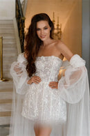 Amalia Short Corset Wedding Dress Luxury Detachable Sleeves & Floral Lace