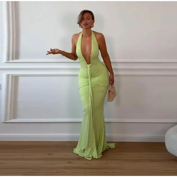 Robe longue sexy pour femme élégante décolleté en V profond froncée dos nu