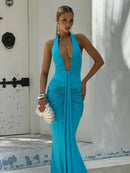 Women's Sexy Maxi Dress Elegant Deep V-Neck Ruched Backless