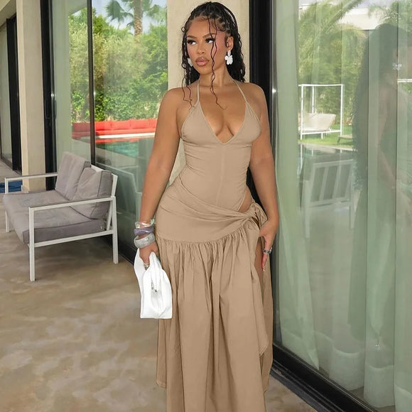 Sexy Set 2 Pieces for Women Elegant Lace Up Backless Bodysuit Slit Skirt