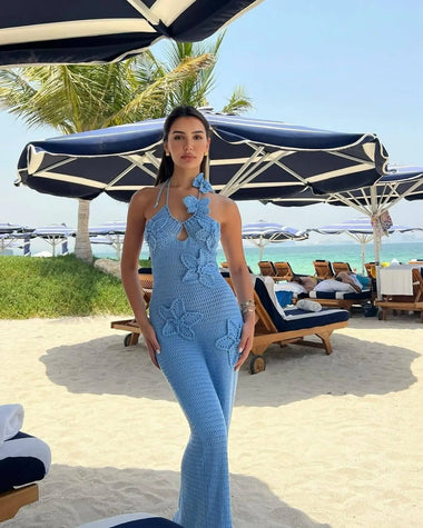 Elegant Floral Knit Halter Long Dress Sexy Hollow Out Sleeveless