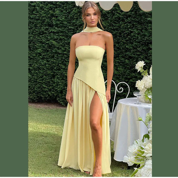 Vestido largo sexy elegante sin tirantes sin espalda abertura alta 