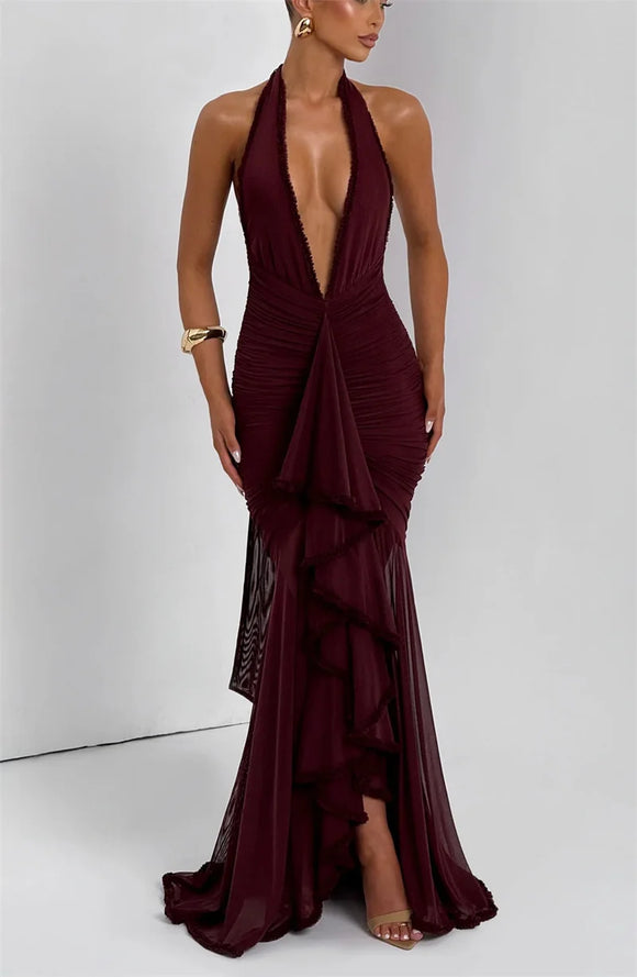 Women's Sexy Long Dress Deep V Neck Backless Elegant Party Gown