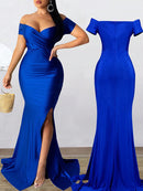 Women's Sexy Long Dress High Slit Evening with Sleeves Elegant Mermaid