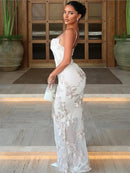 Elegant Long Dress for Women Straps Mesh Embroidered Flowers Evening