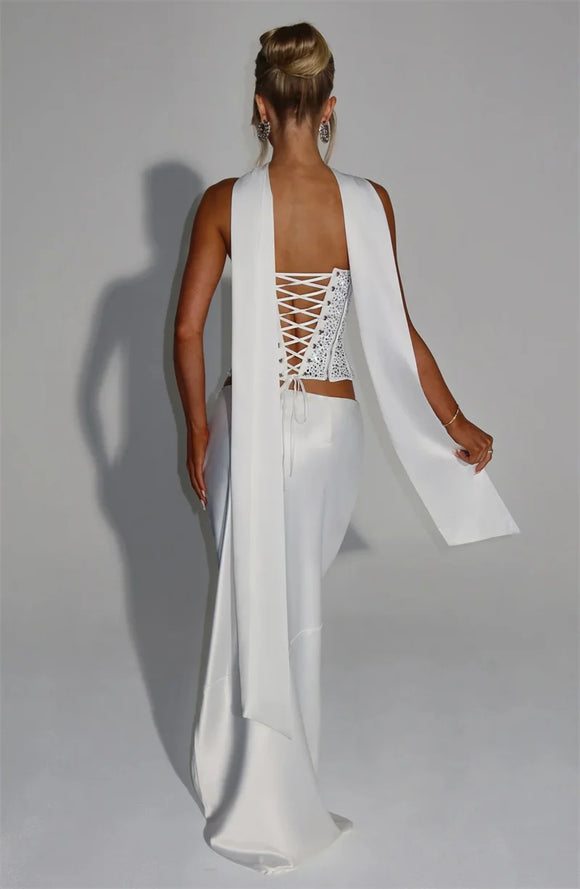 Women's Sexy Dress Sequin Set Crop Top Long Satin Skirt Elegant