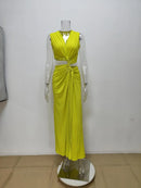 Robe sexy décolleté en V profond élégante ajourée fendue sans manches-28